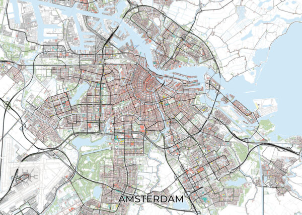 Strakke en artistieke plattegrond van Amsterdam met een modern ontwerp, ideaal voor eigentijdse decoratie in huis of op kantoor.