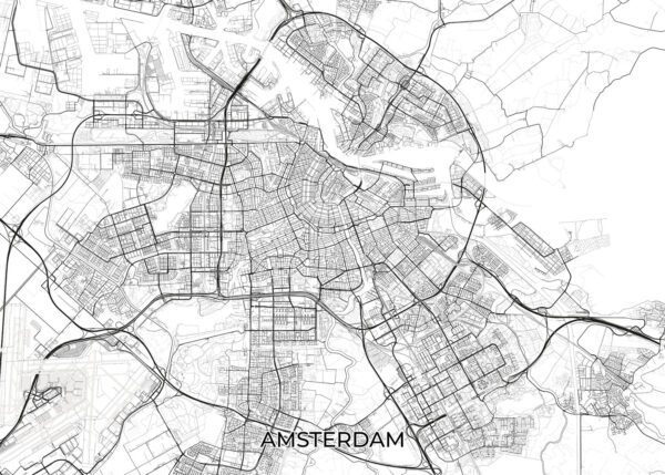 Minimalistische zwart-witte kaart van Amsterdam met gedetailleerde weergave van grachten en wegen, ideaal voor een stijlvol interieur.